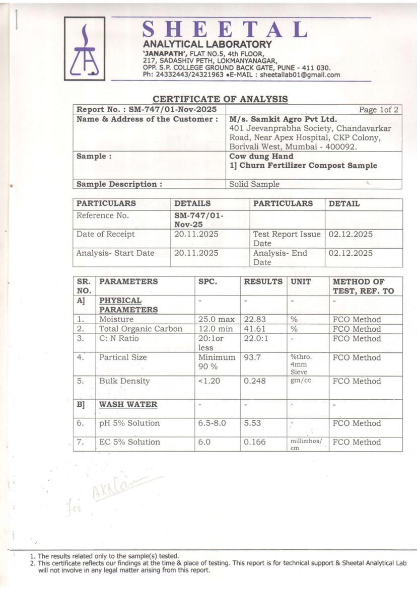Certificate of Analysis from Sheetal Analytical Laboratory for cow dung fertilizer compost sample showing quality testing results and nutrient analysis